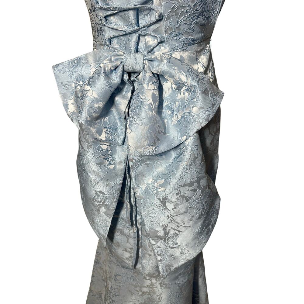 Blue Jacquard Sequin Corset Back Removable Bow Dress Long Gown Sz S - Picture 5 of 16